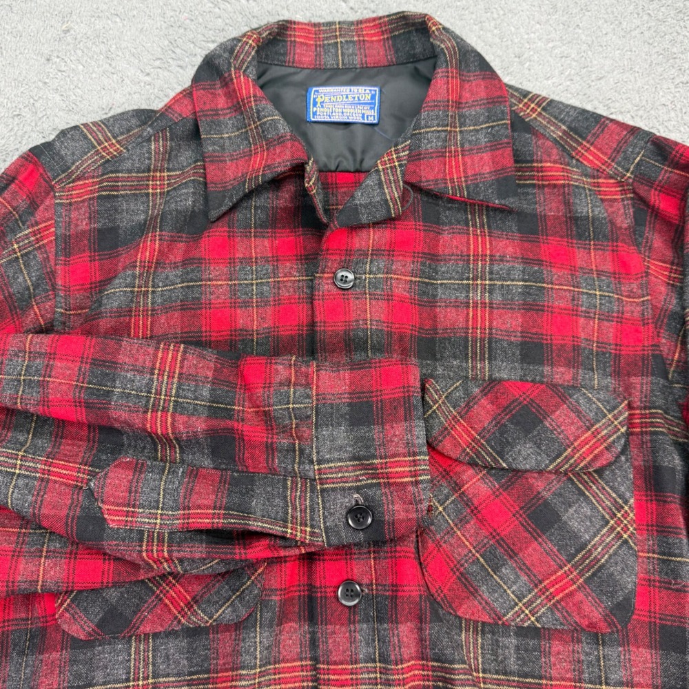 Pendleton Board Shirt Mens M Red Charcoal Grey Plaid Wool Flannel Long Sleeve